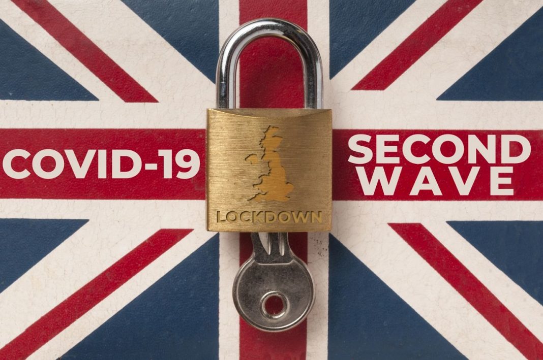 Covid-19 UK lockdown concept: a lock over a union jack flag with