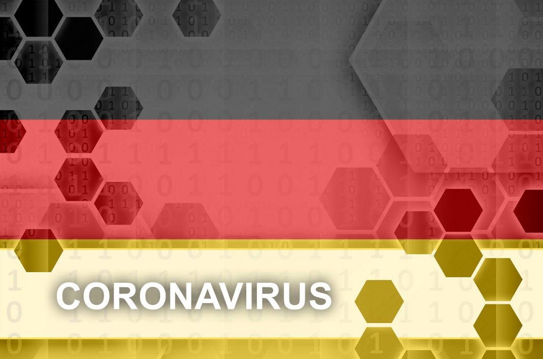 Germany flag and futuristic digital abstract composition with Coronavirus inscription. Covid-19 outbreak concept