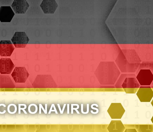 Március végéig meghosszabbították a korlátozások többségét Németországban Germany flag and futuristic digital abstract composition with Coronavirus inscription. Covid-19 outbreak concept