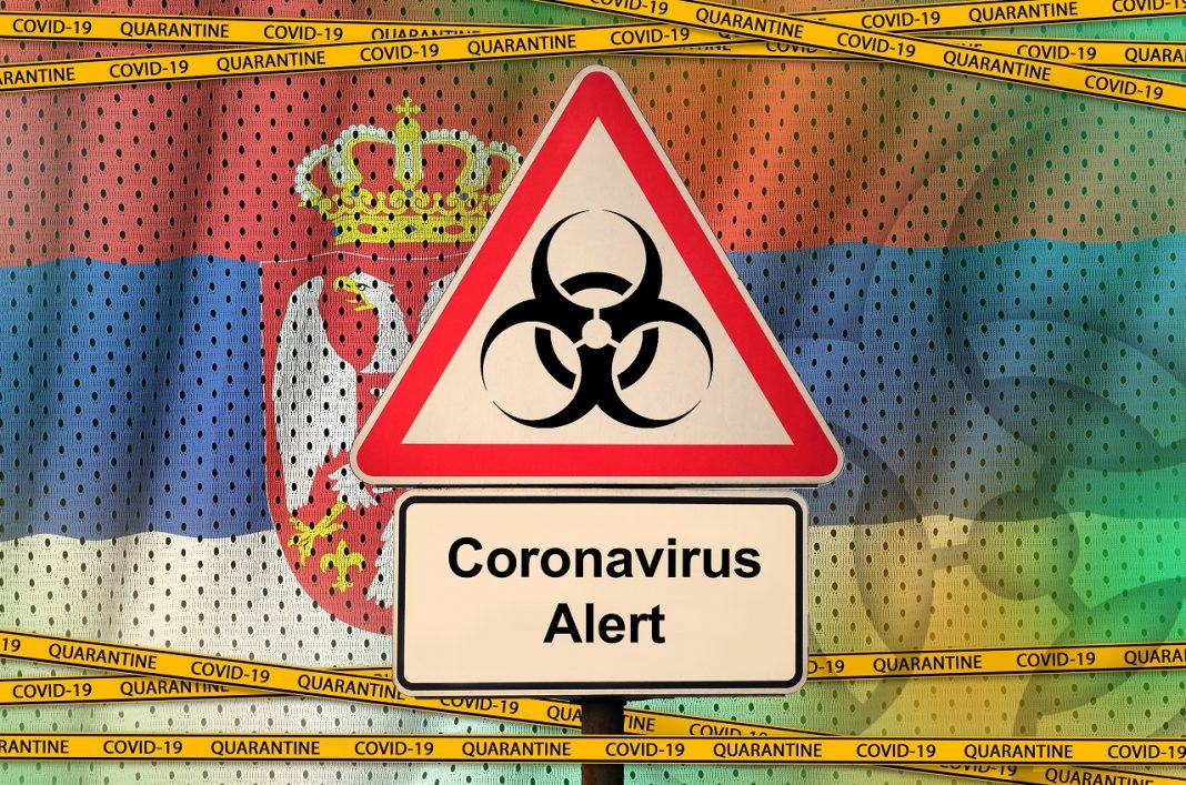 Csehországban a bérek száz százalékára emelik a táppénzt – Szerbiában összeomlástól tartanak Serbia flag and Covid-19 biohazard symbol with quarantine orange tape. Coronavirus or 2019-nCov virus concept